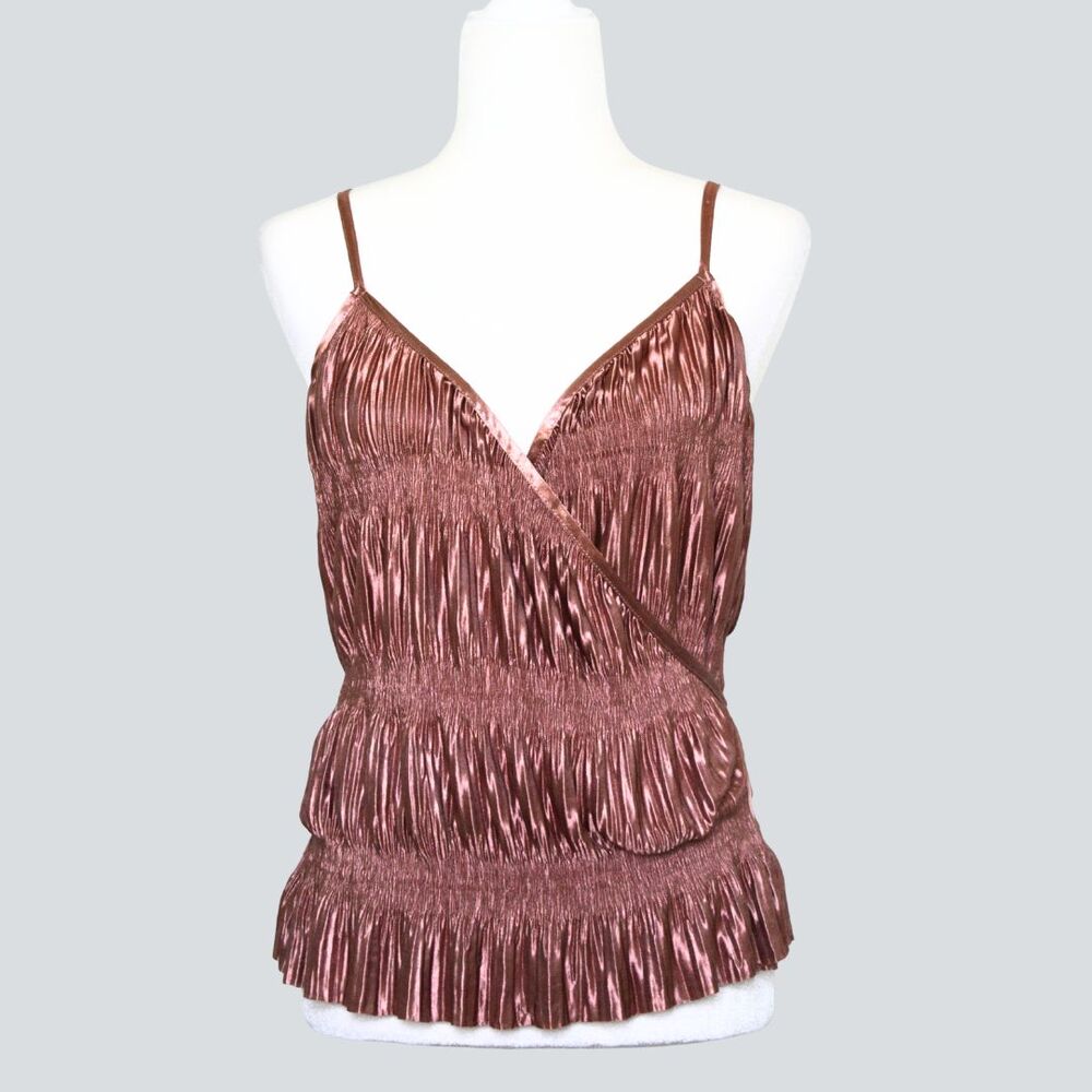 ZARA Pleated Satin Wrap Top Camisole Tiered Blouse Brown Pink Shimmer Size L